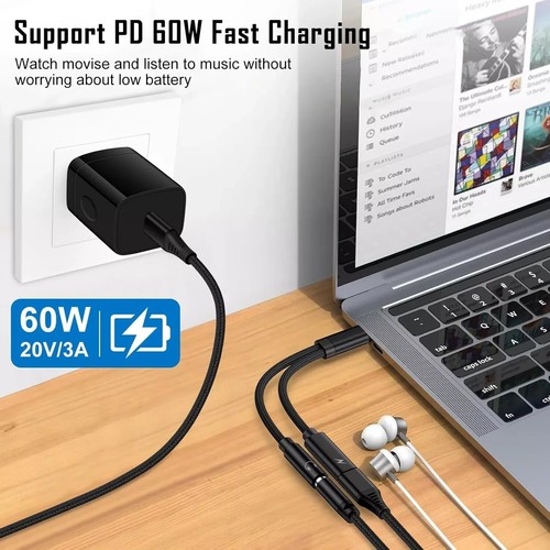 2 in 1 Type-C USB C to 3.5mm AUX Audio Headphone Jack Adapter Charger Cable New - Picture 4 of 6
