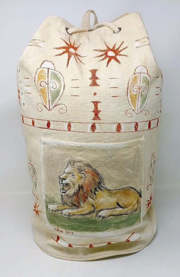 Mochila Convertible de Lona Pintada a Mano Firmada por Artista Tema Africano Foto 2 de 4