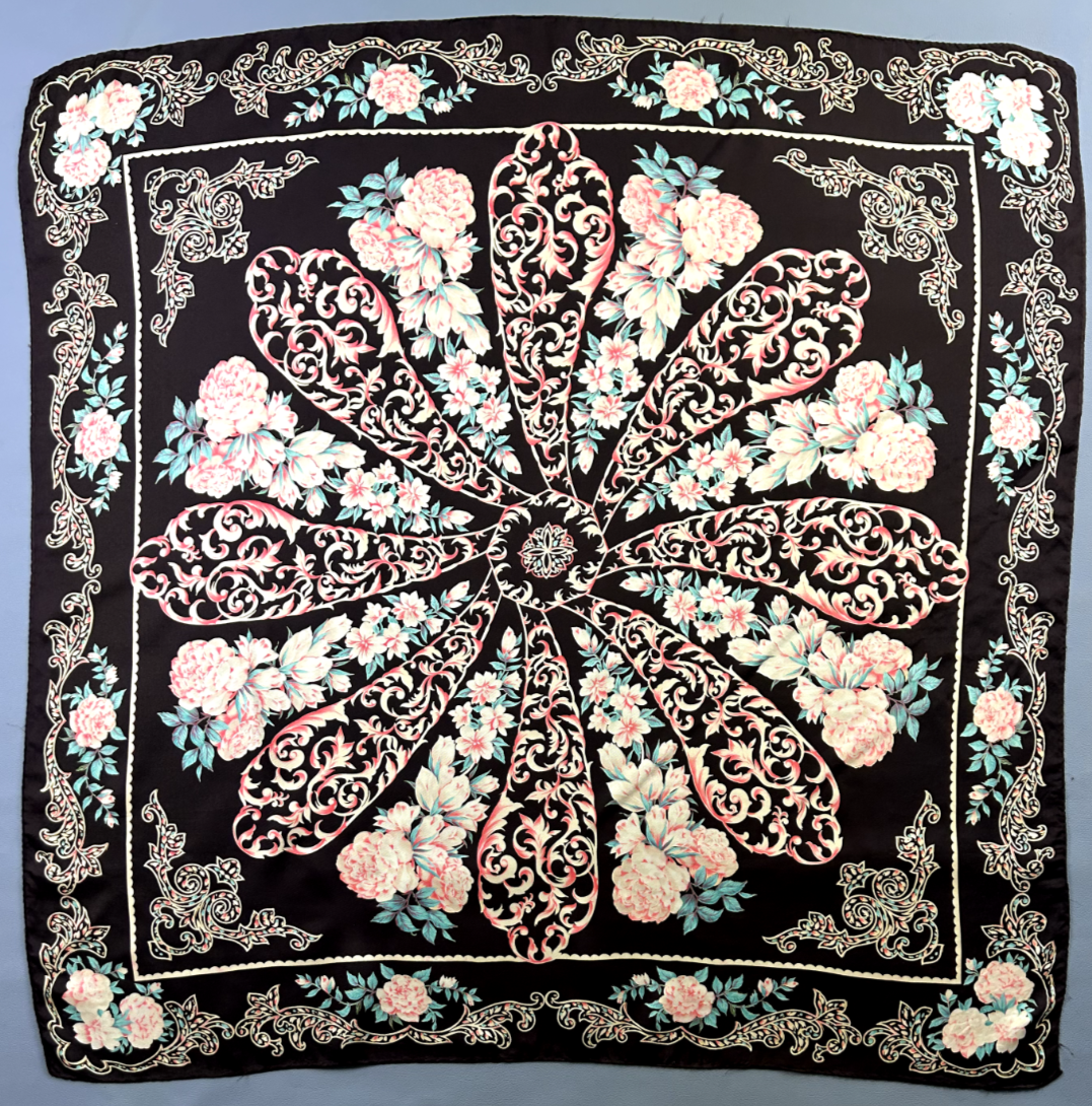 Foulard Carré En Soie 100% D'Este - Modèle Vintage Multicolore Floral - Occasion En Bon état