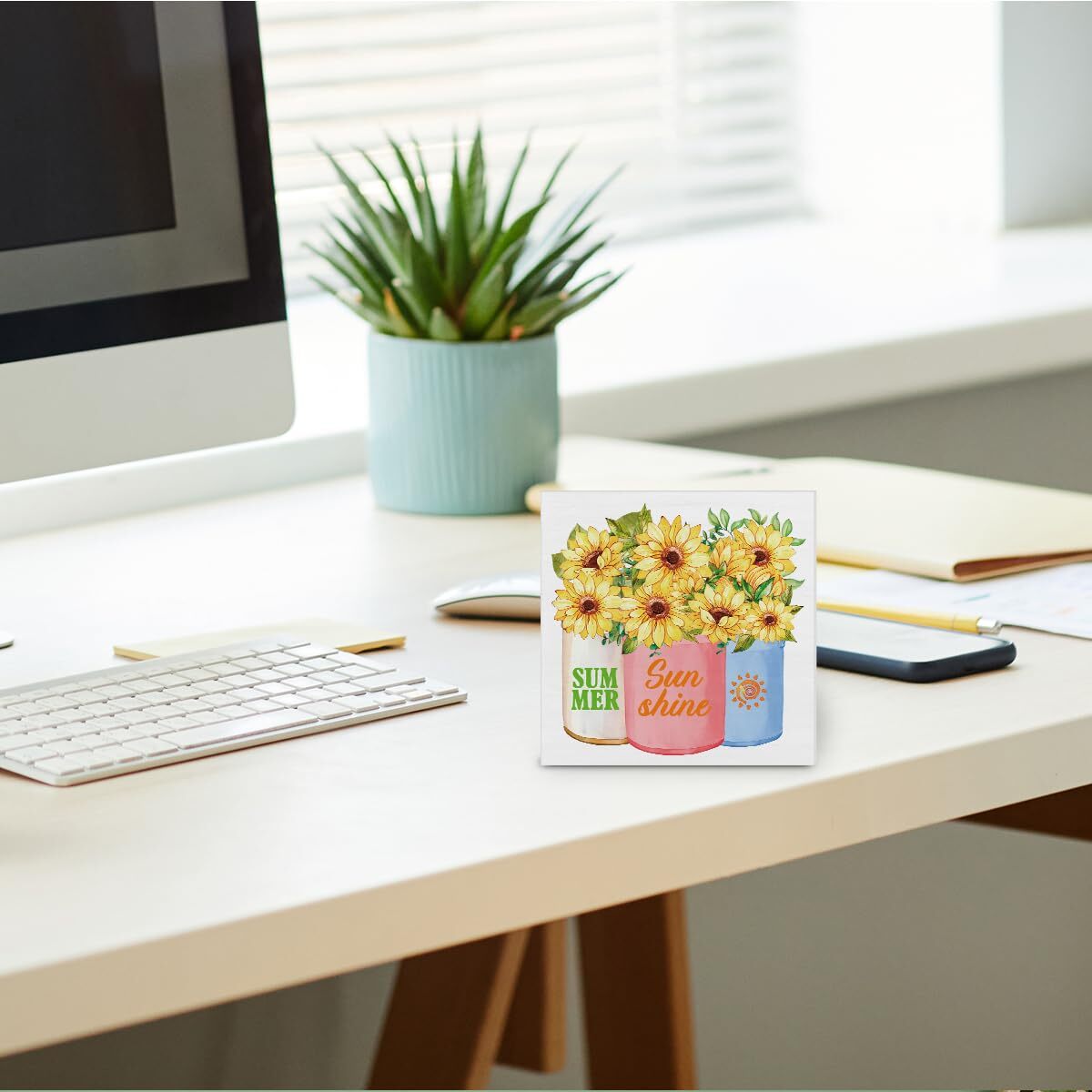 как выглядит Summer Decorations Sunflower Sunshine Wooden Box Sign Indoor Tabletop Gift 5"x5" фото