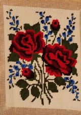 Vtg Retro Needlepoint Canvas Rose Bouquet Floral 8x10"