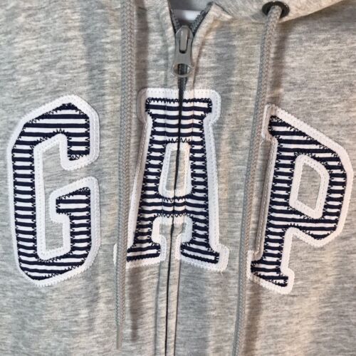 GAP Women’s Size Small Full Zip Hoodie Jacket Gray Big Striped Spell Out Logo - Picture 1 of 7