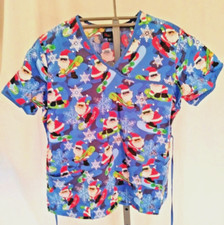 Christmas Santa Claus Surfing Scrub Top Shirt Womens Size Large Sparkles Peaches