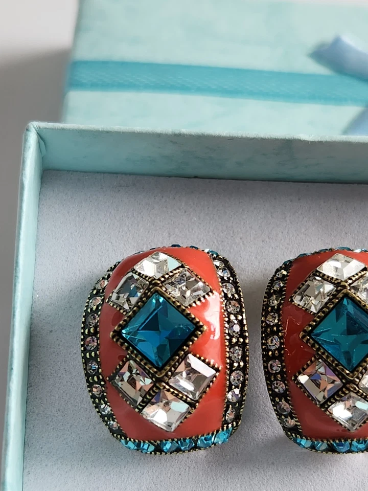 Heidi Daus Art Deco Master Pierced Clasp 1/2 Hoop Earrings Swarovski And Enamel - Image 4 of 4