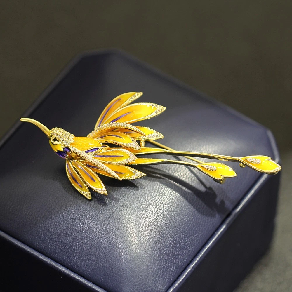 Chinese Style Yellow Enamel Phoenix Brooch Pin Unisex Jewelry