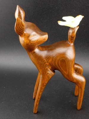Vintage Hand Carved Wooden Deer with Yellow Bird Wood Figure