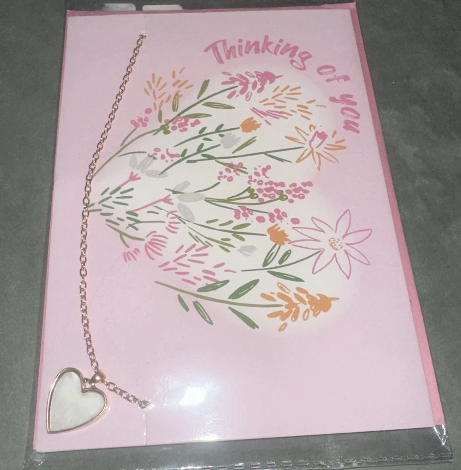 Thinking of you card w/heart necklace By lifestyle novelty. Pink Envelope/Blank - Image 2 of 4