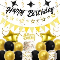 Geburtstags Deko Set Schwarz Gold Happy Birthday Banner Ballons Girlande Party
