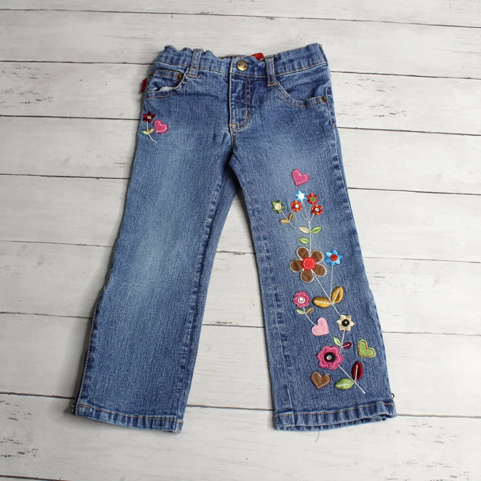 Jeans Bongo Denim Azul Vintage Niña Talla 2T Bordados Floral Acampanado Foto 2 de 4