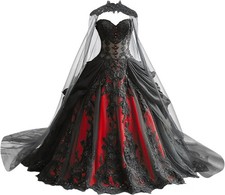 Gothic Weeding Dresses Black Lace Applique Tiered Tulle Bridal Gowns with Cape