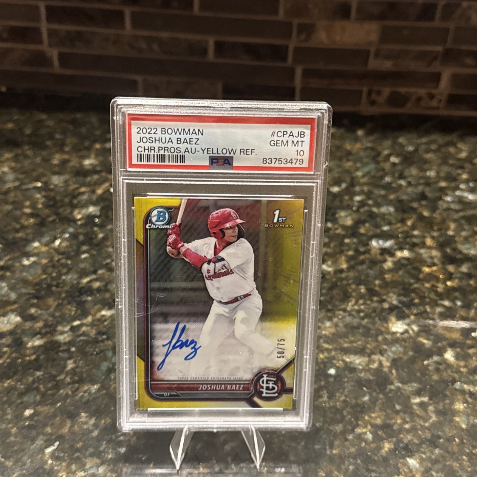 Joshua Baez /75 Yellow 2022 1st Bowman Chrome Auto PSA 10 St. Louis Cardinals