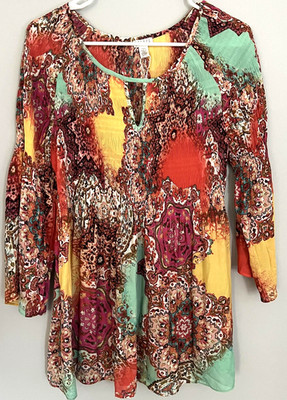 Spense Shirt Womens L Artsy Boho Peasant Tunic Blouse Crinkle Paisley NWT