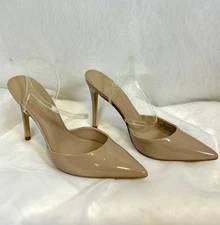 New Nine West Fame 3 Beige Slingback Heels with Clear Strap / Sz 6