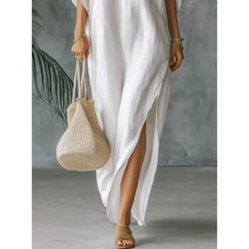 Bohemian Dress for Women Polyester V Neck A Line Long Skirt with Side Slit