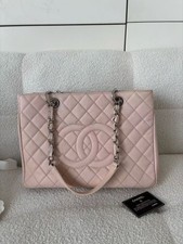Auth Chanel GST Medium Tote Bag Light Pink Caviar Leather Quilted Handbag