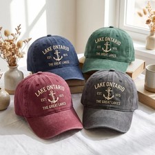 Lake Ontario Embroidered Washed Hat, Vintage Great Lakes Dad Cap