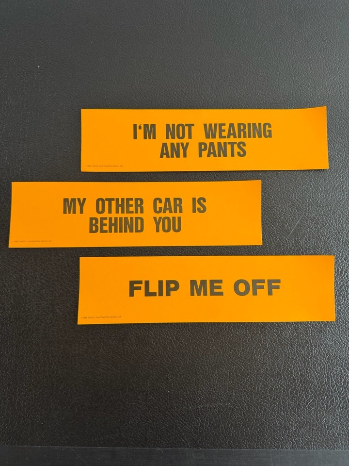 Three unused 1988 Tonco bumper stickers in original orange — time-capsule humor ephemera that's never been peeled, still crisp after 35+ years.