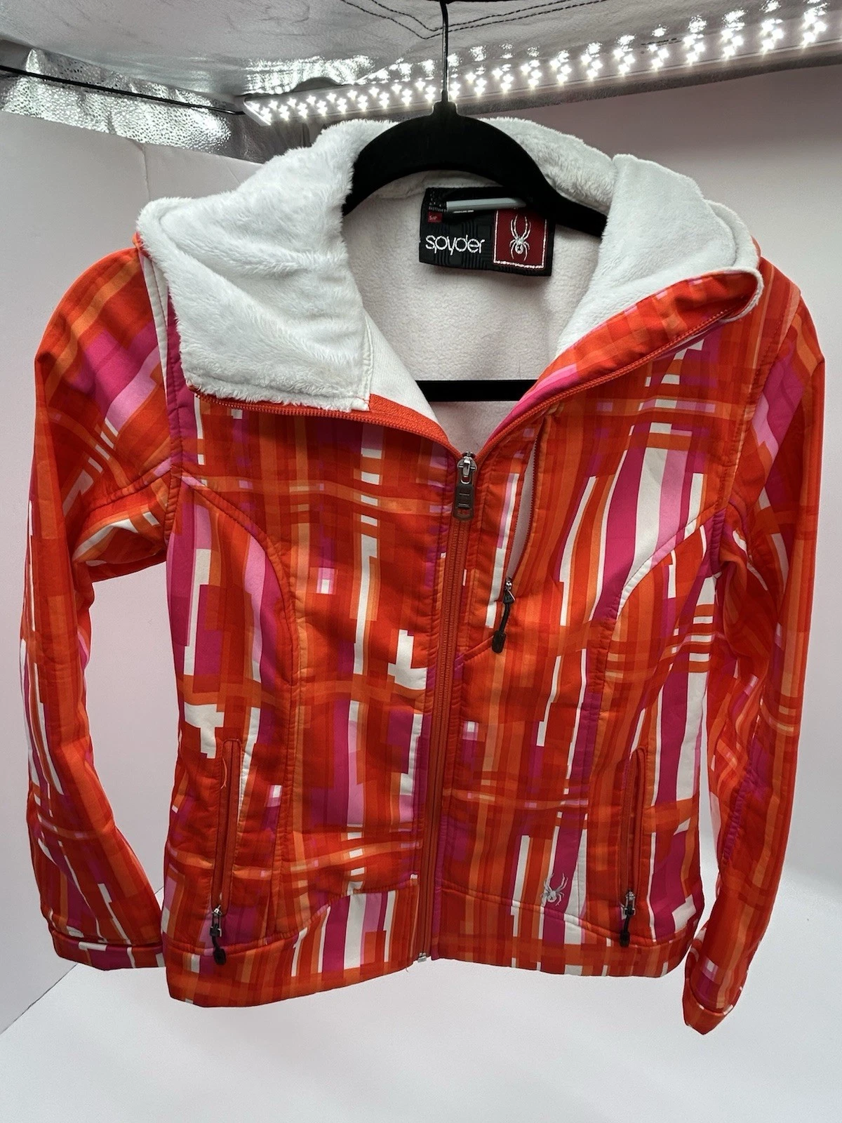Spyder Ladies Orange Print Snowboard Ski Hooded Winter Warm Jacket Coat Size S