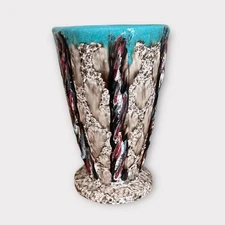Mid-Century Italian Art Pottery Vase Lava/Drip Glaze Turquoise Rim E&R Big EPR