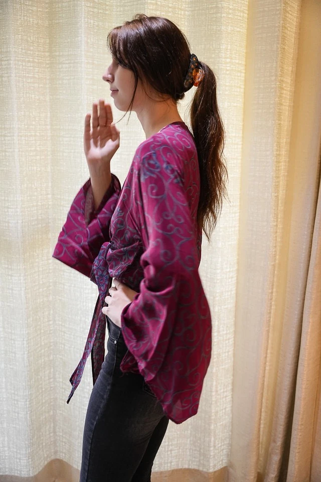 Wrap Top Crepe Tie Blouse Dress Girls Woman Y2k Boho crop Top PS PSW1719 - Image 2 of 4