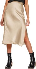 Women's High Waist Slit Satin Silk Midi Skirt with Elastic Waistband Elegant