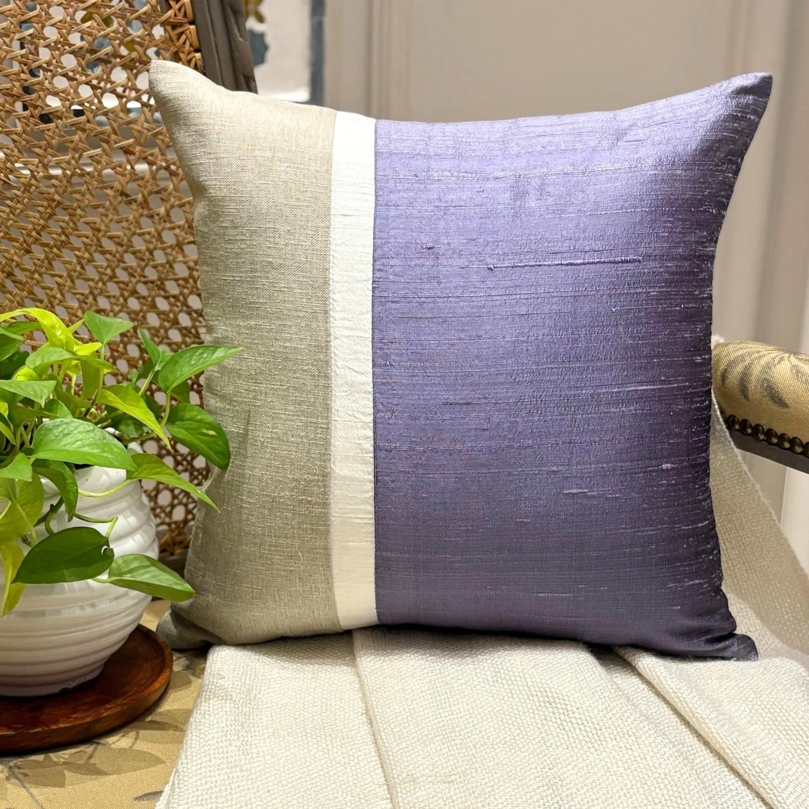 Purple Silk Linen Patchwork Colorblock Throw Pillow Cover - Purple Silkastic