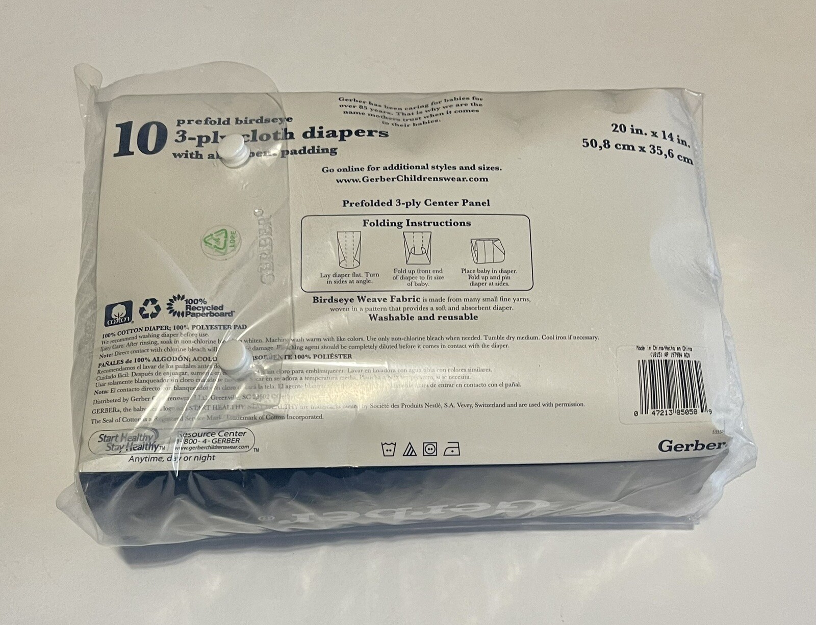 Gerber Prefold Birdseye 3Ply Cloth Diapers White 20” x 14” (1) Pack of