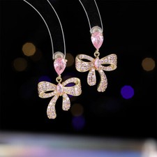 Women's Pink Cubic Zirconia CZ Cute Bowknot Stud Earrings