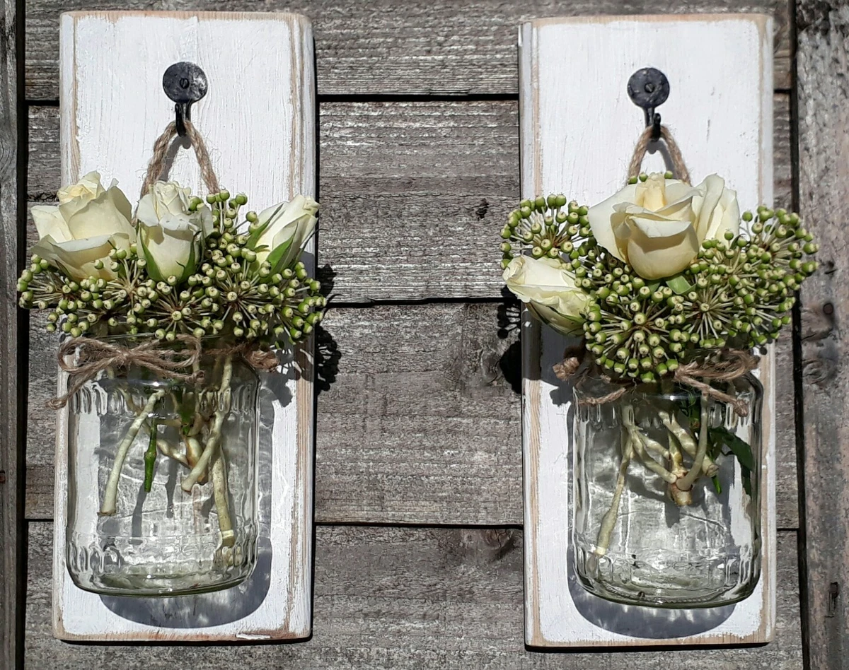 Pair of lovely white wooden Glass jar candle flower holder White