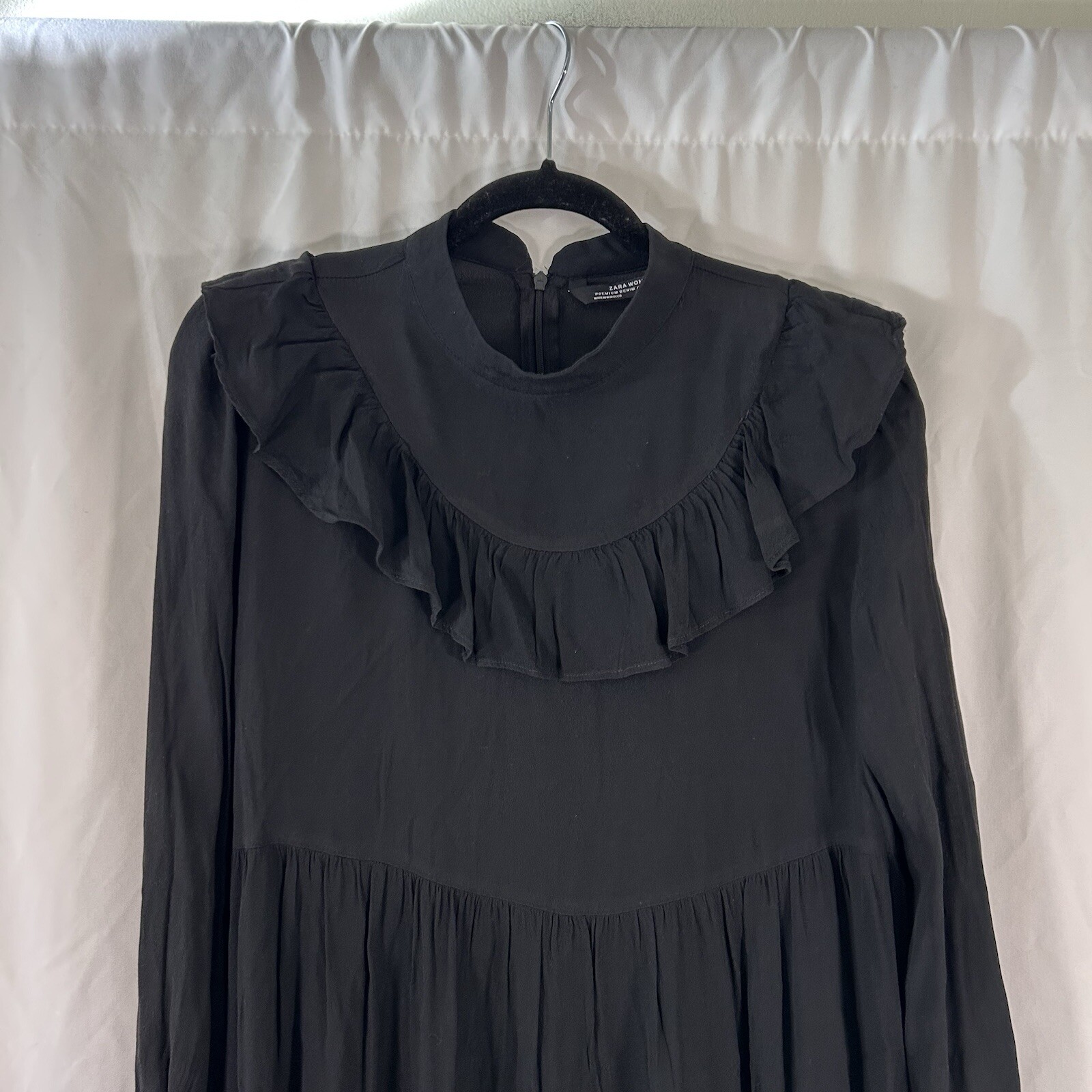 Zara Women Knee Length Dress Women's Small Black Semi-Sheer Long Sleeve Zip Back thumbnail 2