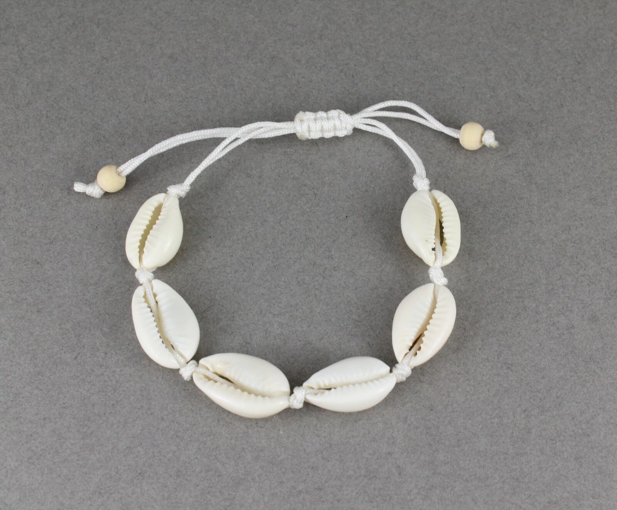 Cowrie shell bracelet slide long puka shell surfer adjustable wood  beads - Main Image