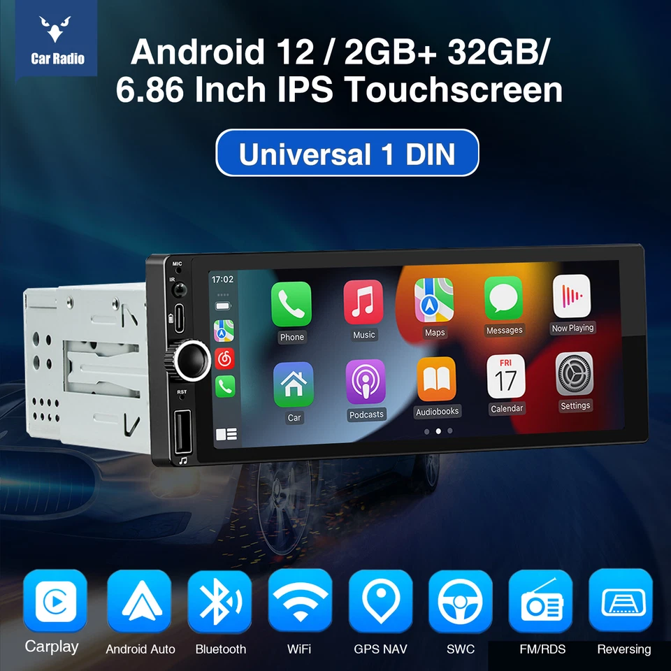 Carplay Single 1 Din Android 12 Car Stereo Radio GPS WIFI BT Touch Screen 2G+32G - Image 2 of 4
