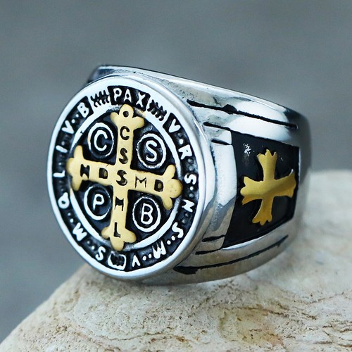 Catholic St Saint Benedict Exorcism Medal Stainless Steel Christian Cross Ring - Picture 15 of 24