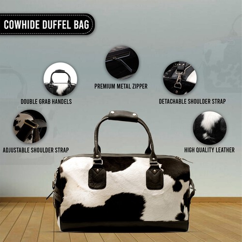 Piel Vacuno Negro Blanco Bolsa Lona de Viaje Fin Semana Carry On Bandolera - Imagen 3 de 7