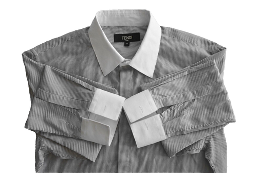 C0 Auth FENDI Grey White Stripe Embroidered FF Karligraphy Logo Shirt Size IT 39 - Afbeelding 3 van 4