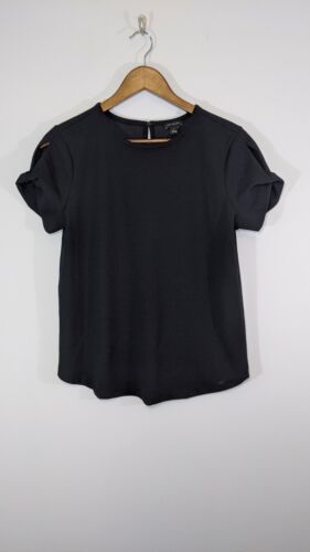 NWT Ann Taylor Twist Sleeve Short Blouse Top Black Stretch Small S