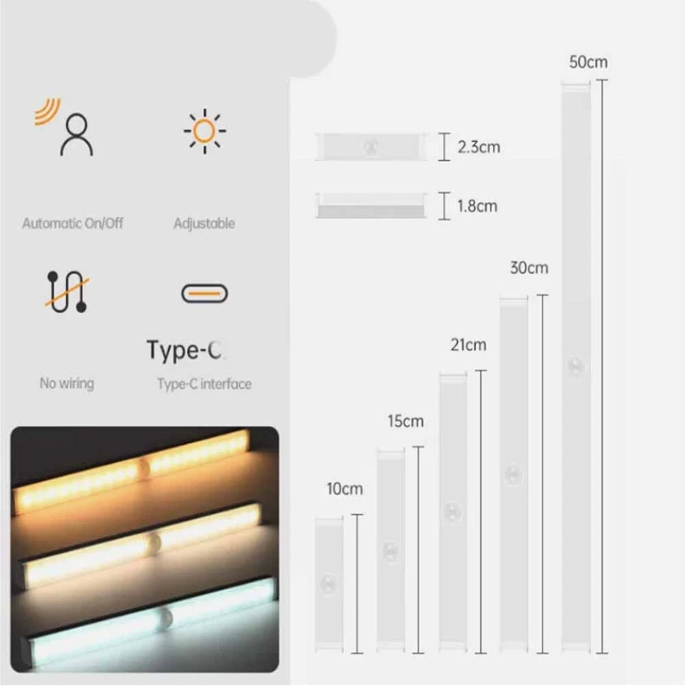 LED Unterbauleuchte mit Bewegungsmelder AKKU Lichtleiste Küche Schranklampe USB - Bild 2 von 4