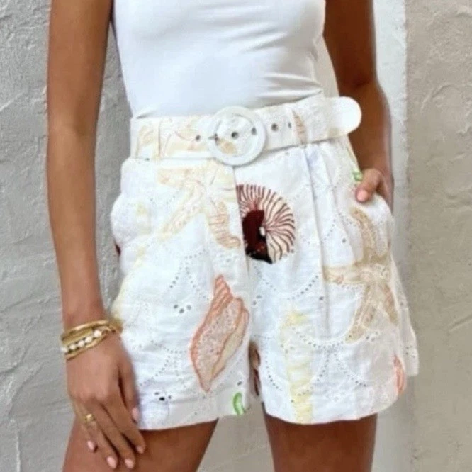 Palm Noosa Rummy Shell Shorts Size AU 6 / US 2 Broderie Seashells Linen