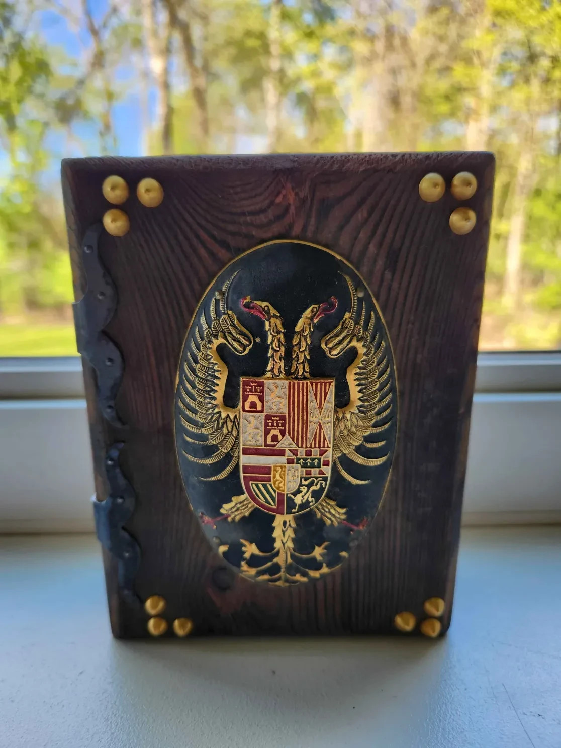 Wood/Metal Studded Storage Chest Emblem Charles V Of Spain Heraldic Coat Of Arms