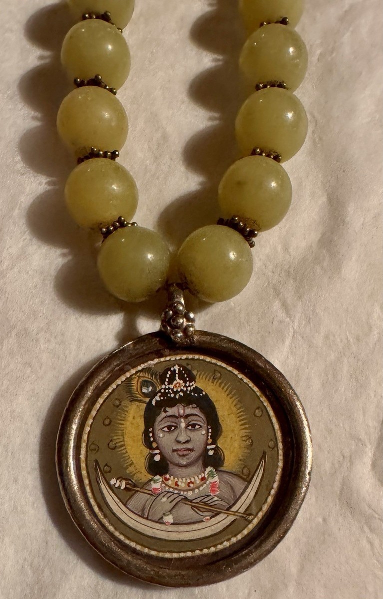 Jade/ Serpentine Beaded Necklace With silver-toned pendant depicting a deity View 6