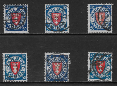 DANZIG SCOTT 187 USED x 6 - 1924 50pf BLUE/RED COAT OF ARMS ISSUE