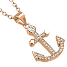 925 Sterling Silver Rose Gold-Tone Clear CZ Anchor Marine Pendant Necklace, 18"