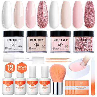 Dip Powder Nail Kit, 4 Colors White Nude Pink Glitter Dipping Starter Set wit...