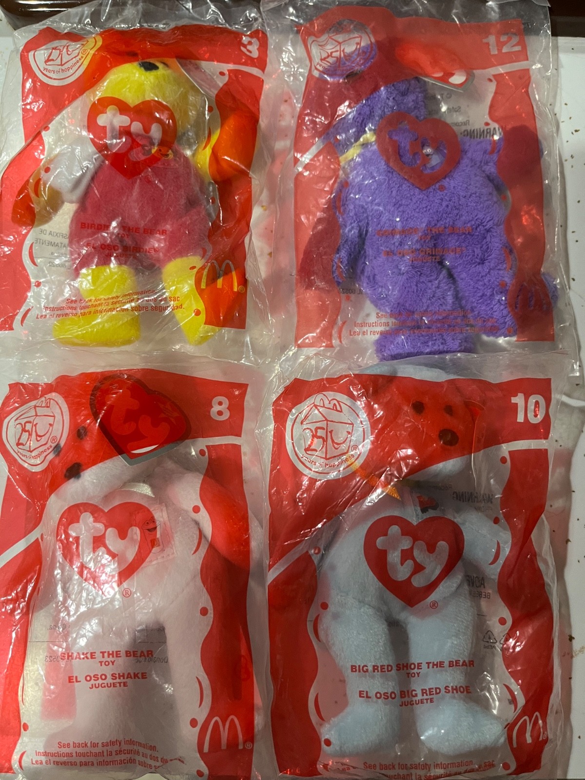 McDonald’s 25th Anniversary TY Teenie Beanie Lotof4 Grimace Birdie Shake Big Red