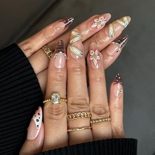 Press on Nails Almond-3D Brown Flower French Medium 01.brown leopard flower