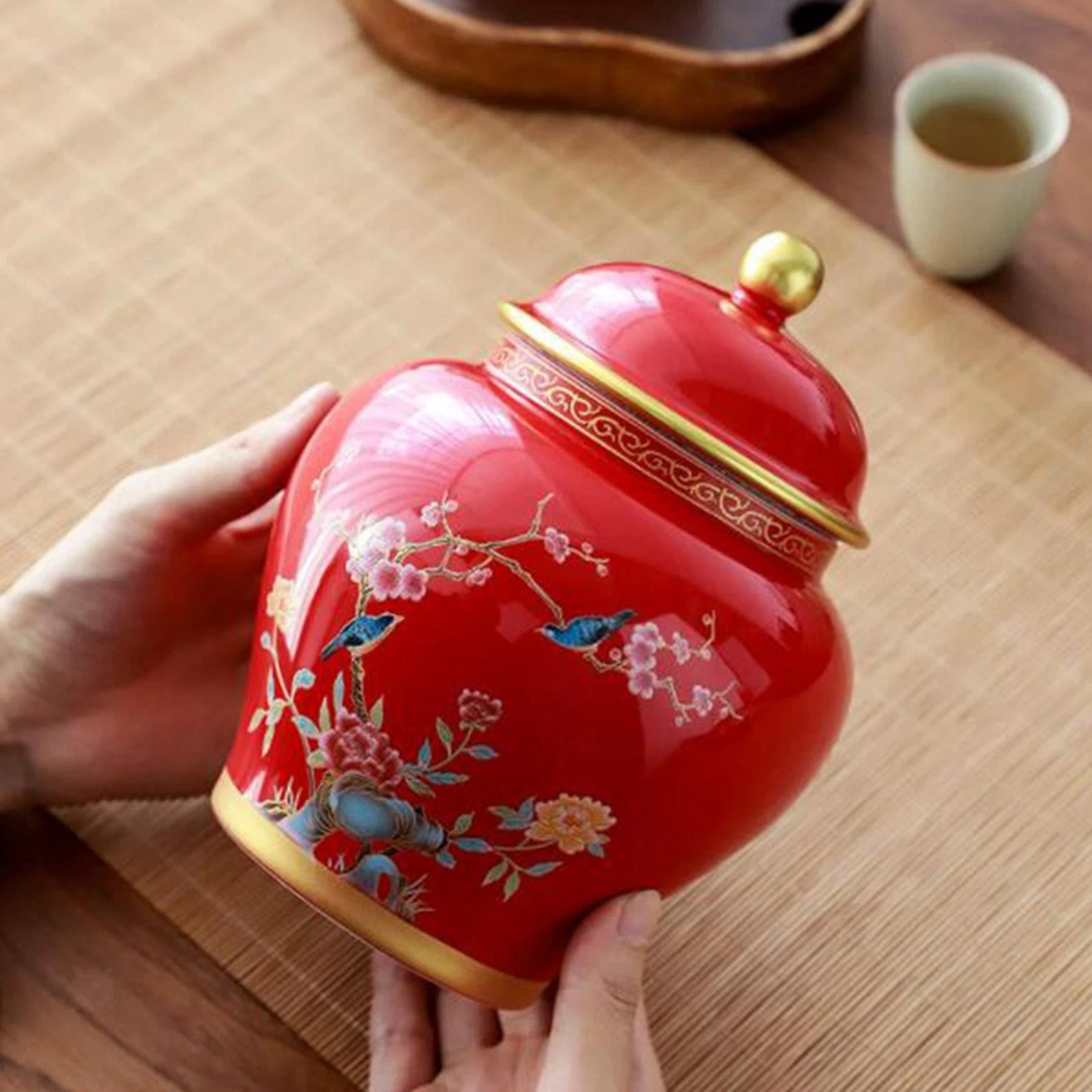 Ceramic Ginger Jar Flower Vase Floral Arrangement Table Centerpiece with Lid