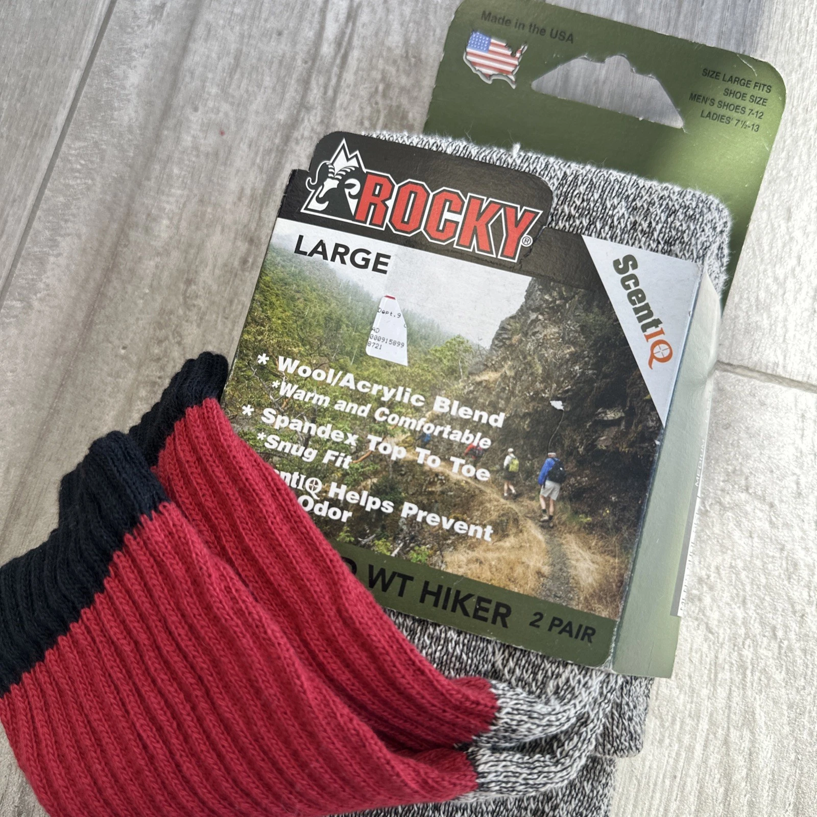NEW Rocky Boot Socks Men Large 2 Pair Wool Blend Hiker Red Gray ScentIQ USA Made