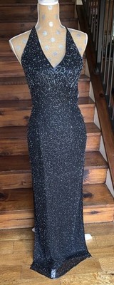 Andretta Donatello VtG Fully Beaded Silk Evening Gown  Double Slit Open Back