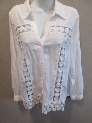 Orchid Haze White Lace Floral Cutout Lightweight Button Down Top Costal L Beach