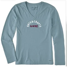Life is Good. Women's Arts & Crafts & Wine Long Sleeve Crusher Vee, Smoky Blue